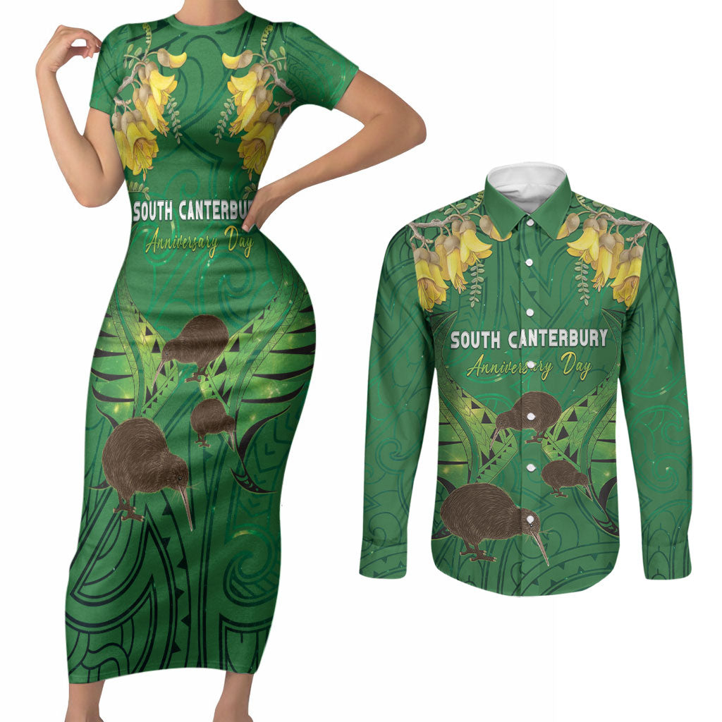 Personalised South Canterbury Anniversary Day Couples Matching Short Sleeve Bodycon Dress and Long Sleeve Button Shirt Kiwi Kowhai Silver Fern Maori Pattern LT22 Green - Polynesian Pride