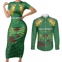 Personalised South Canterbury Anniversary Day Couples Matching Short Sleeve Bodycon Dress and Long Sleeve Button Shirt Kiwi Kowhai Silver Fern Maori Pattern LT22 Green - Polynesian Pride