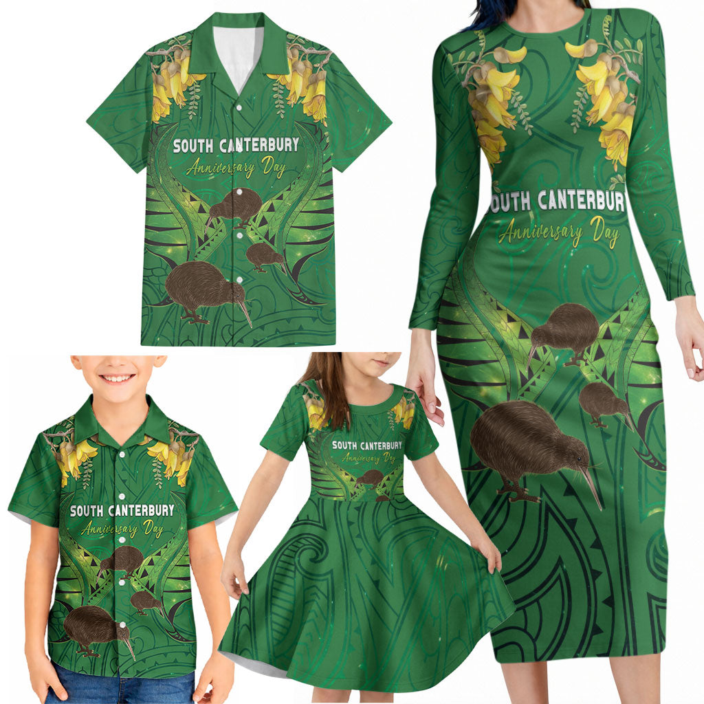 Personalised South Canterbury Anniversary Day Family Matching Long Sleeve Bodycon Dress and Hawaiian Shirt Kiwi Kowhai Silver Fern Maori Pattern LT22 - Polynesian Pride