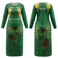 Personalised South Canterbury Anniversary Day Family Matching Long Sleeve Bodycon Dress and Hawaiian Shirt Kiwi Kowhai Silver Fern Maori Pattern LT22 Mom's Dress Green - Polynesian Pride