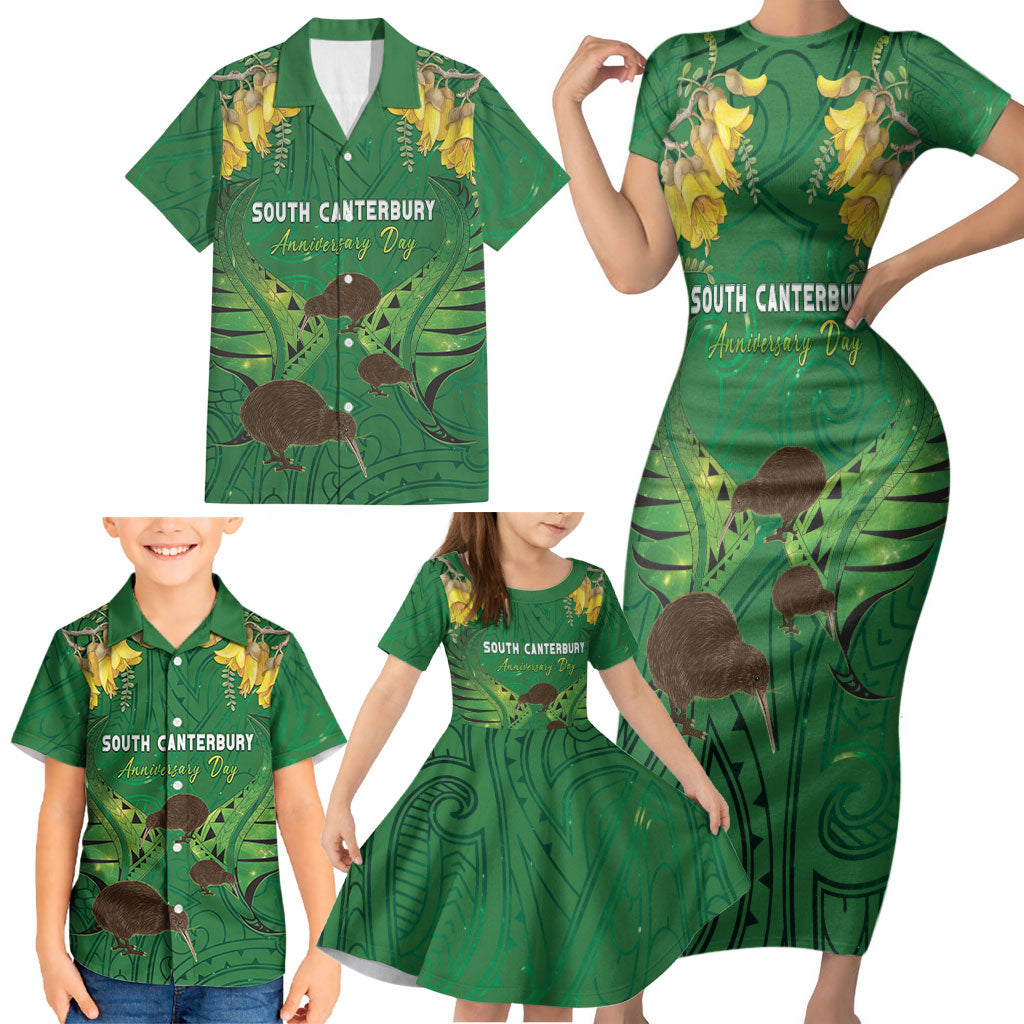 Personalised South Canterbury Anniversary Day Family Matching Short Sleeve Bodycon Dress and Hawaiian Shirt Kiwi Kowhai Silver Fern Maori Pattern LT22 - Polynesian Pride