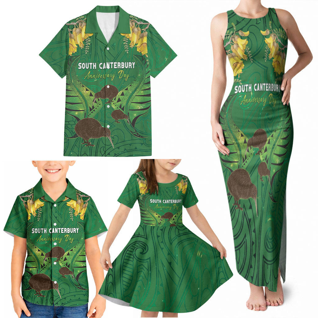 Personalised South Canterbury Anniversary Day Family Matching Tank Maxi Dress and Hawaiian Shirt Kiwi Kowhai Silver Fern Maori Pattern LT22 - Polynesian Pride