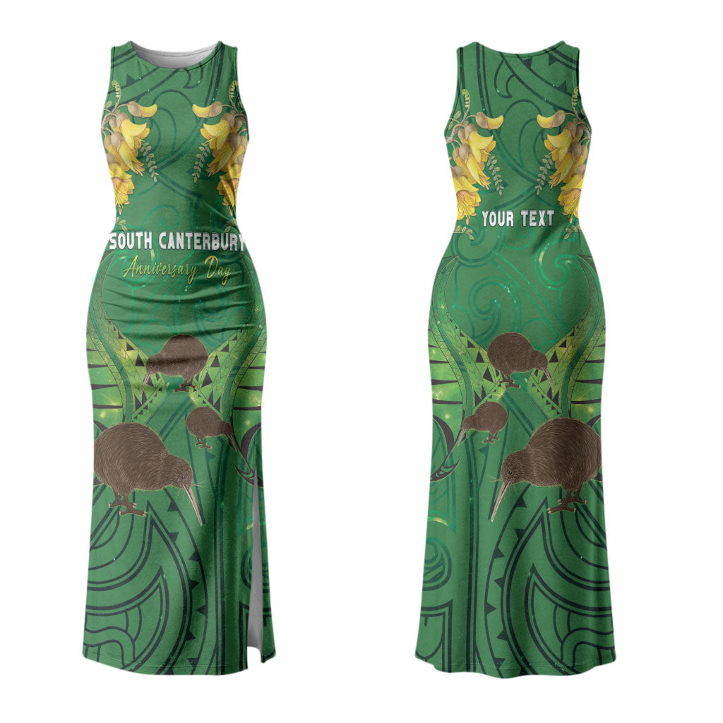 Personalised South Canterbury Anniversary Day Family Matching Tank Maxi Dress and Hawaiian Shirt Kiwi Kowhai Silver Fern Maori Pattern LT22 Mom's Dress Green - Polynesian Pride