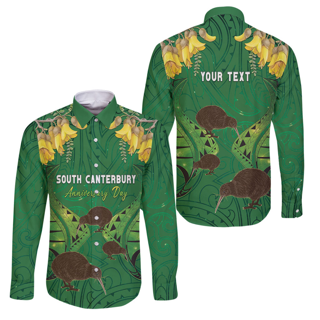 Personalised South Canterbury Anniversary Day Family Matching Tank Maxi Dress and Hawaiian Shirt Kiwi Kowhai Silver Fern Maori Pattern LT22 Dad's Shirt - Long Sleeve Green - Polynesian Pride