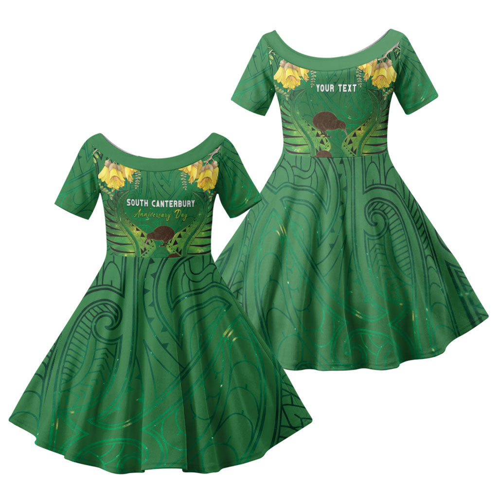 Personalised South Canterbury Anniversary Day Family Matching Tank Maxi Dress and Hawaiian Shirt Kiwi Kowhai Silver Fern Maori Pattern LT22 Daughter's Dress Green - Polynesian Pride