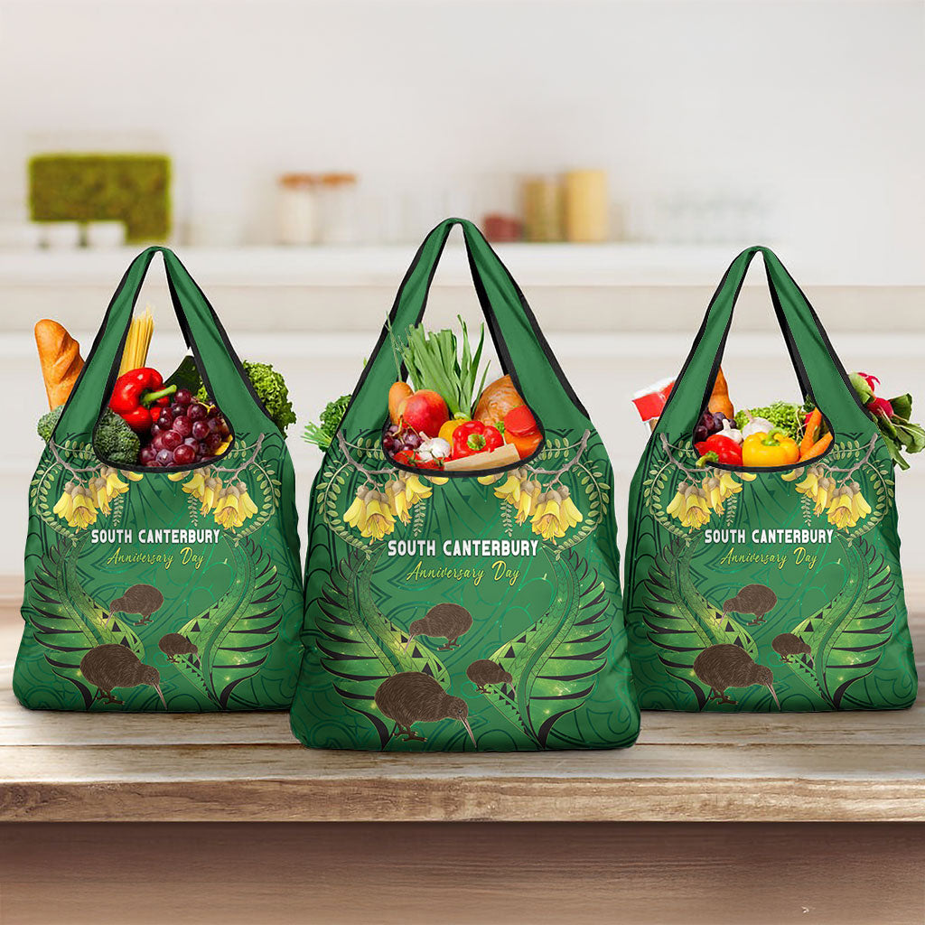 South Canterbury Anniversary Day Grocery Bag Kiwi Kowhai Silver Fern Maori Pattern LT22 3-pack One Size Green - Polynesian Pride