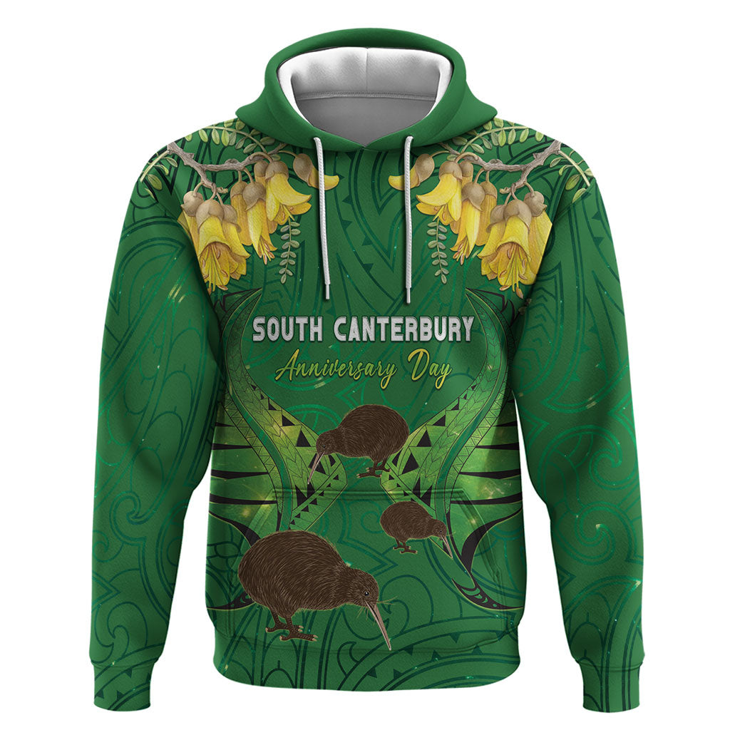 Personalised South Canterbury Anniversary Day Hoodie Kiwi Kowhai Silver Fern Maori Pattern LT22 Pullover Hoodie Green - Polynesian Pride