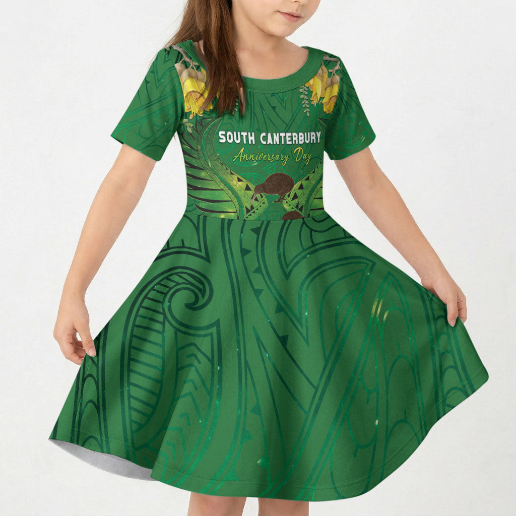 Personalised South Canterbury Anniversary Day Kid Short Sleeve Dress Kiwi Kowhai Silver Fern Maori Pattern LT22 KID Green - Polynesian Pride