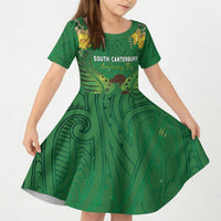 Personalised South Canterbury Anniversary Day Kid Short Sleeve Dress Kiwi Kowhai Silver Fern Maori Pattern LT22 KID Green - Polynesian Pride