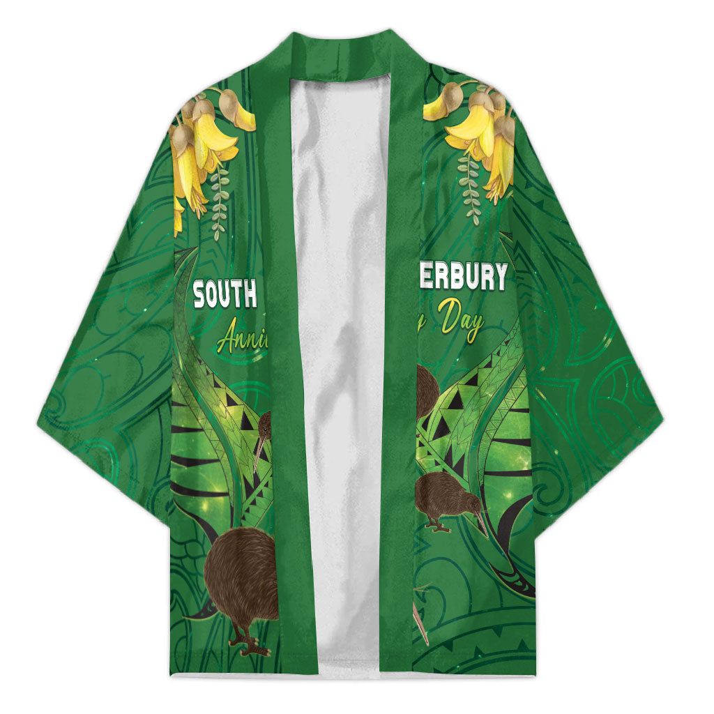 Personalised South Canterbury Anniversary Day Kimono Kiwi Kowhai Silver Fern Maori Pattern LT22 Unisex Green - Polynesian Pride