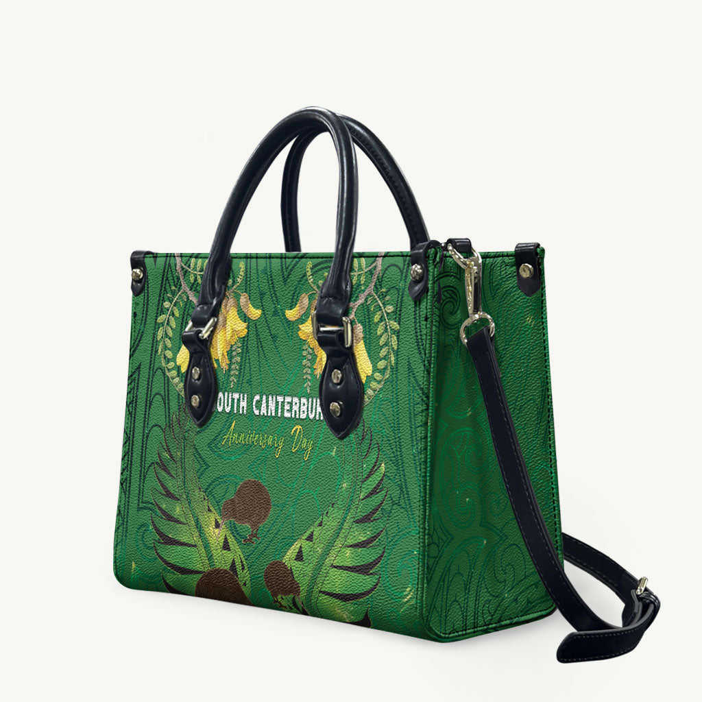 South Canterbury Anniversary Day Leather Bag Kiwi Kowhai Silver Fern Maori Pattern LT22 Green - Polynesian Pride