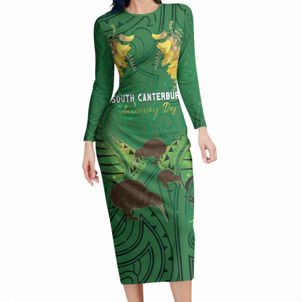 Personalised South Canterbury Anniversary Day Long Sleeve Bodycon Dress Kiwi Kowhai Silver Fern Maori Pattern LT22 Long Dress Green - Polynesian Pride