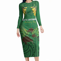 Personalised South Canterbury Anniversary Day Long Sleeve Bodycon Dress Kiwi Kowhai Silver Fern Maori Pattern LT22 Long Dress Green - Polynesian Pride