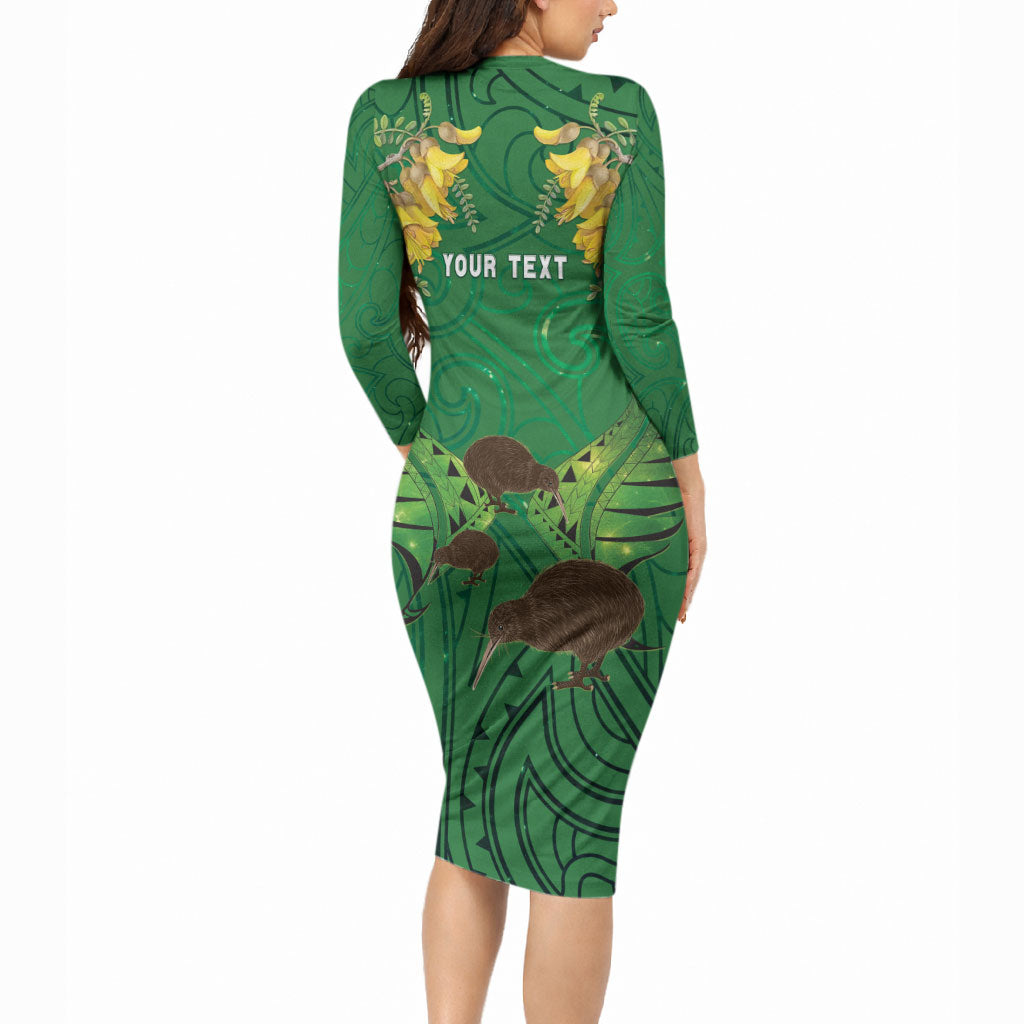 Personalised South Canterbury Anniversary Day Long Sleeve Bodycon Dress Kiwi Kowhai Silver Fern Maori Pattern LT22 - Polynesian Pride