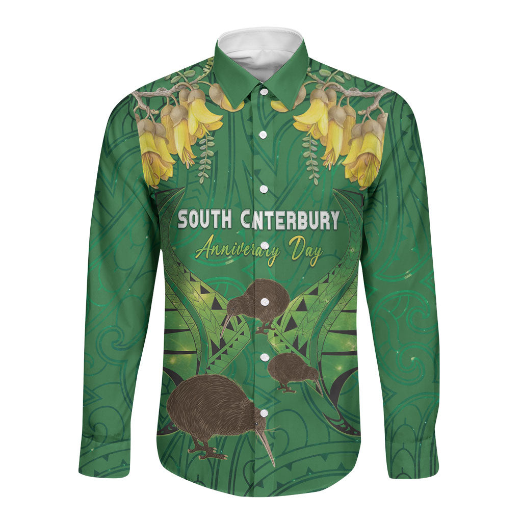 Personalised South Canterbury Anniversary Day Long Sleeve Button Shirt Kiwi Kowhai Silver Fern Maori Pattern LT22 Unisex Green - Polynesian Pride