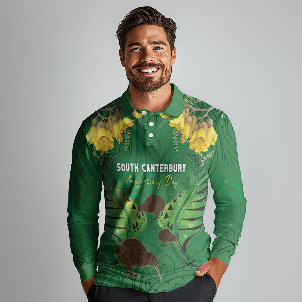 Personalised South Canterbury Anniversary Day Long Sleeve Polo Shirt Kiwi Kowhai Silver Fern Maori Pattern LT22 - Polynesian Pride