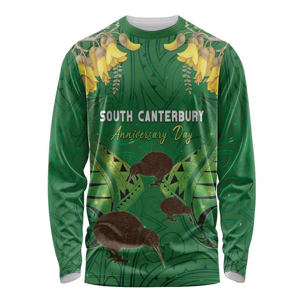 Personalised South Canterbury Anniversary Day Long Sleeve Shirt Kiwi Kowhai Silver Fern Maori Pattern LT22 Unisex Green - Polynesian Pride