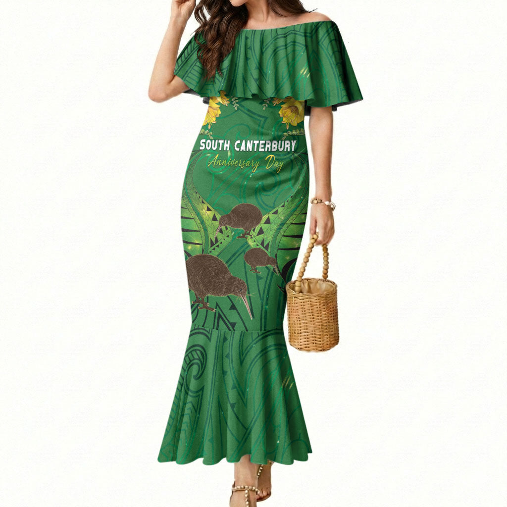 Personalised South Canterbury Anniversary Day Mermaid Dress Kiwi Kowhai Silver Fern Maori Pattern LT22 Women Green - Polynesian Pride