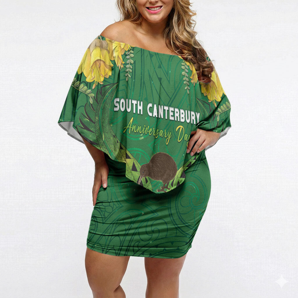 Personalised South Canterbury Anniversary Day Off Shoulder Short Dress Kiwi Kowhai Silver Fern Maori Pattern LT22 Women Green - Polynesian Pride