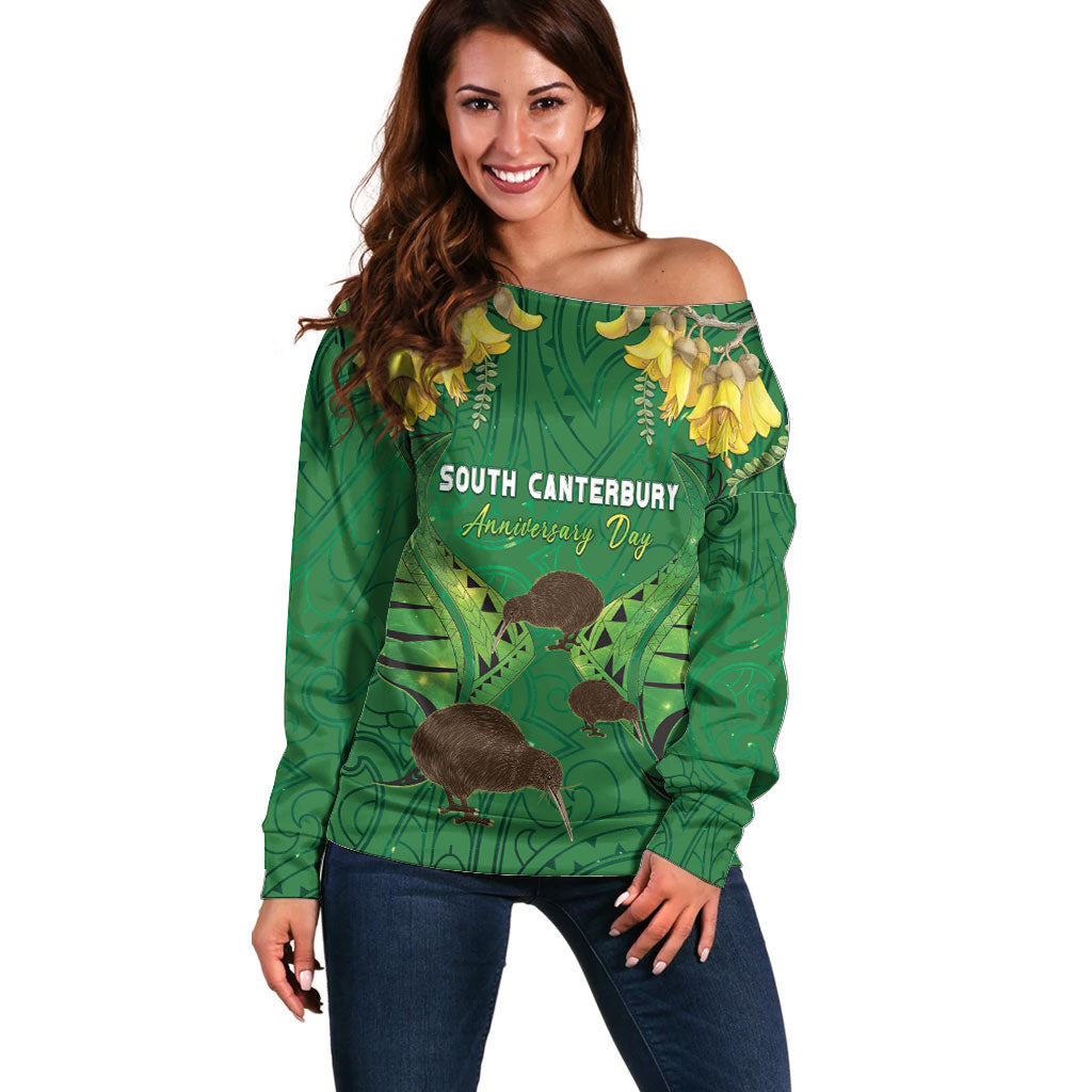 Personalised South Canterbury Anniversary Day Off Shoulder Sweater Kiwi Kowhai Silver Fern Maori Pattern LT22 Women Green - Polynesian Pride