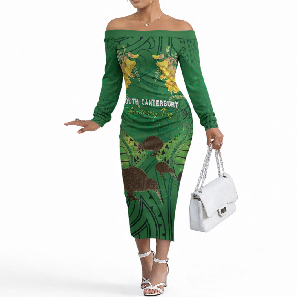 Personalised South Canterbury Anniversary Day Off The Shoulder Long Sleeve Dress Kiwi Kowhai Silver Fern Maori Pattern
