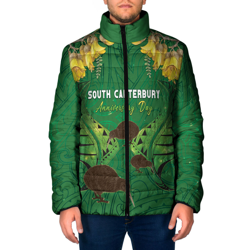 Personalised South Canterbury Anniversary Day Padded Jacket Kiwi Kowhai Silver Fern Maori Pattern LT22 Men Green - Polynesian Pride