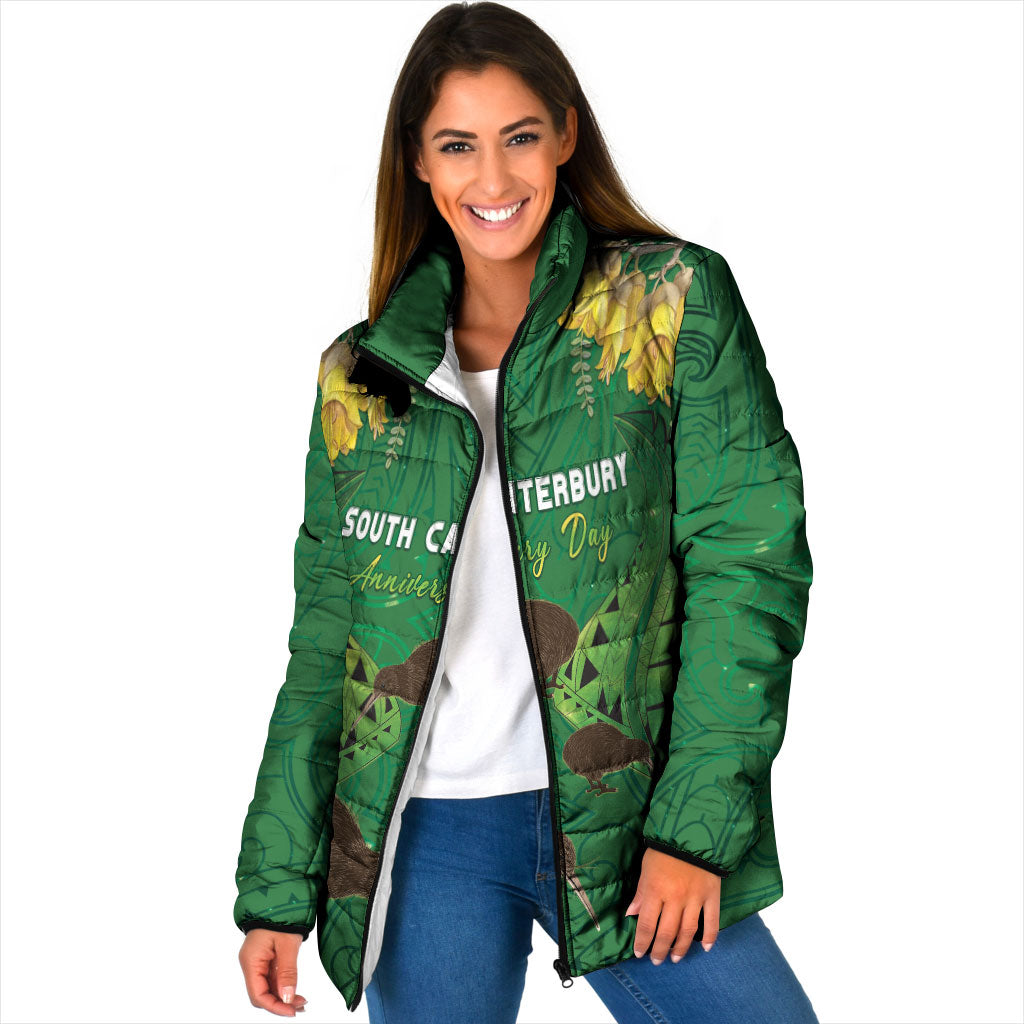 Personalised South Canterbury Anniversary Day Padded Jacket Kiwi Kowhai Silver Fern Maori Pattern LT22 Women Green - Polynesian Pride
