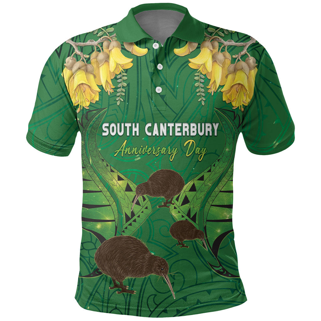 Personalised South Canterbury Anniversary Day Polo Shirt Kiwi Kowhai Silver Fern Maori Pattern LT22 Green - Polynesian Pride