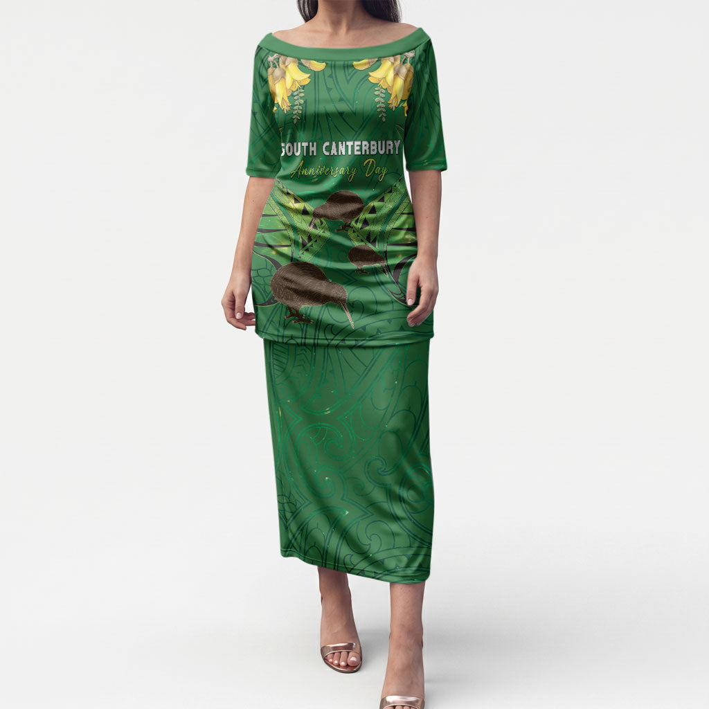 Personalised South Canterbury Anniversary Day Puletasi Kiwi Kowhai Silver Fern Maori Pattern LT22 Long Dress Green - Polynesian Pride