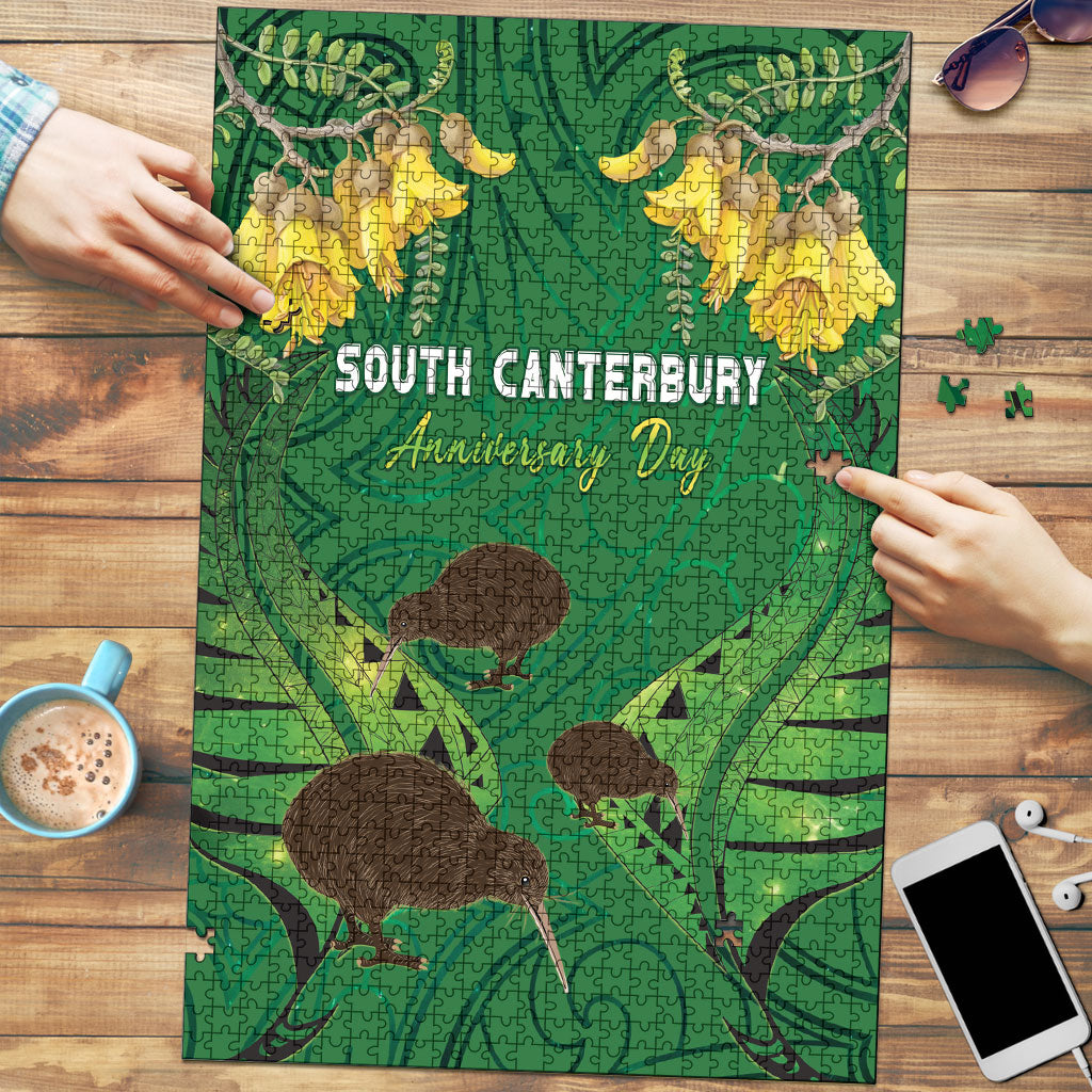 South Canterbury Anniversary Day Puzzle Kiwi Kowhai Silver Fern Maori Pattern LT22 Green - Polynesian Pride