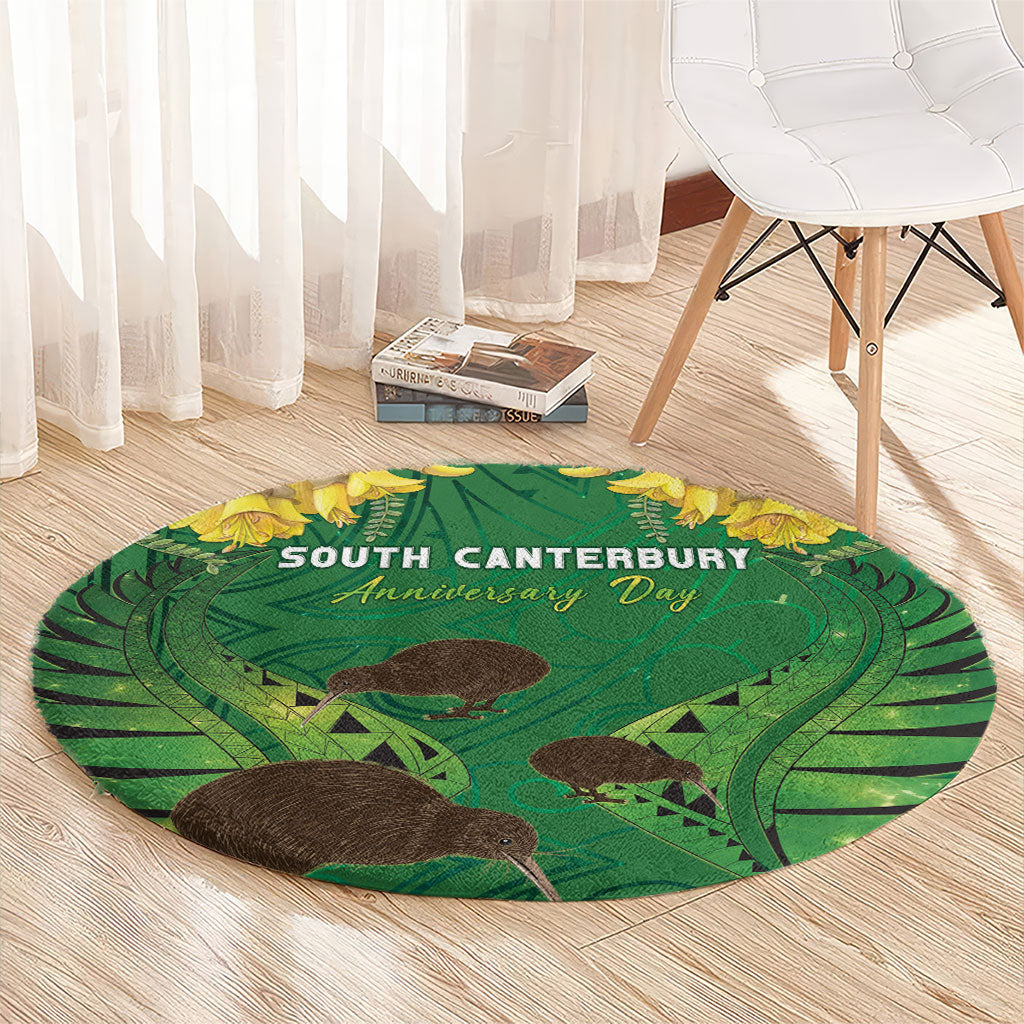 South Canterbury Anniversary Day Round Carpet Kiwi Kowhai Silver Fern Maori Pattern LT22 - Polynesian Pride