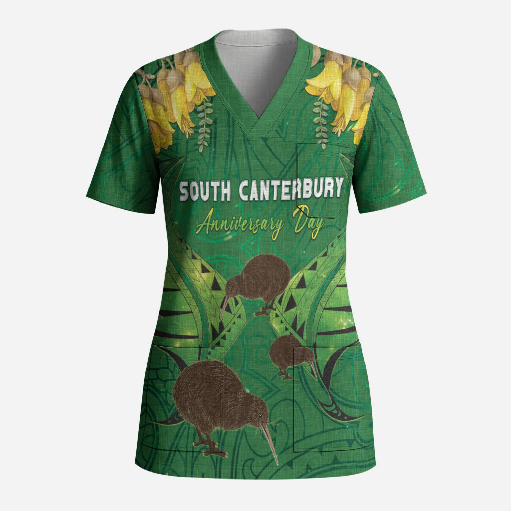 Personalised South Canterbury Anniversary Day Scrub Top Kiwi Kowhai Silver Fern Maori Pattern LT22 Adult Green - Polynesian Pride