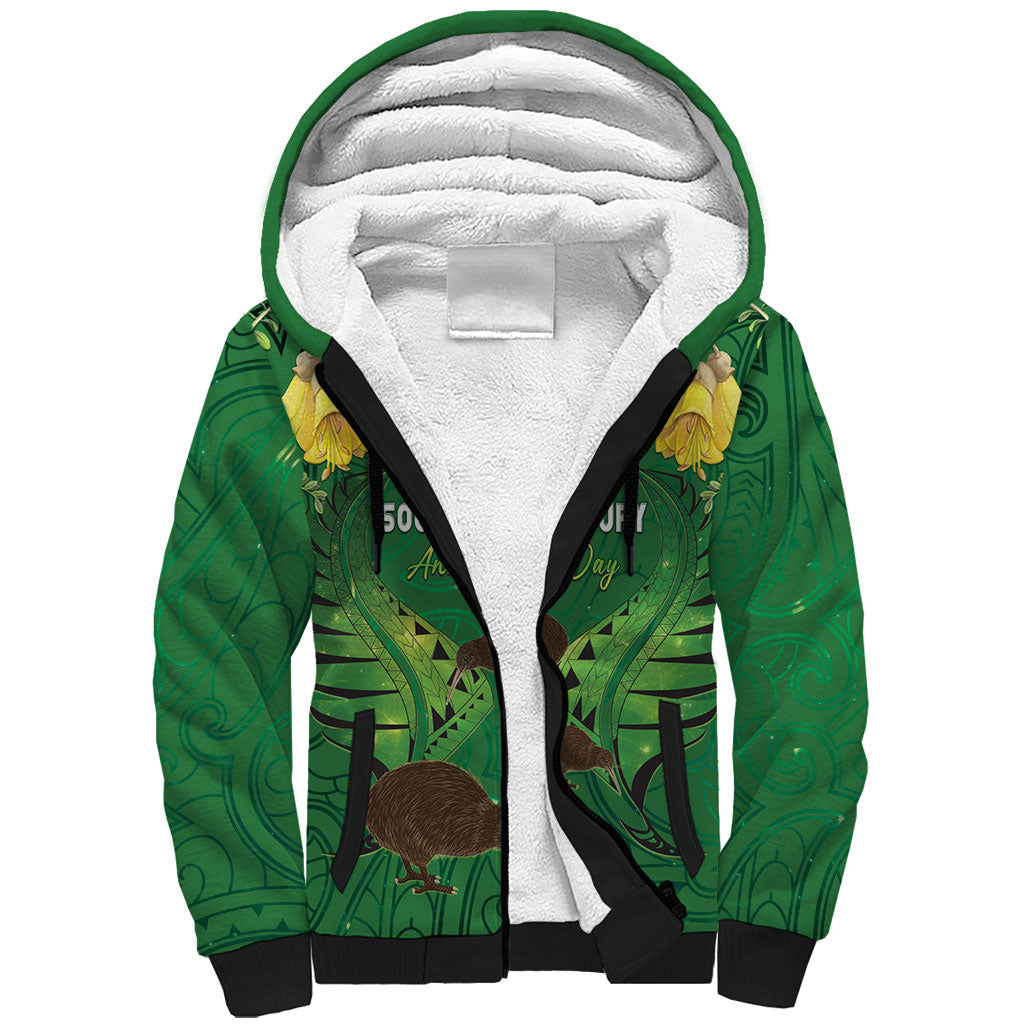 Personalised South Canterbury Anniversary Day Sherpa Hoodie Kiwi Kowhai Silver Fern Maori Pattern LT22 Unisex Green - Polynesian Pride