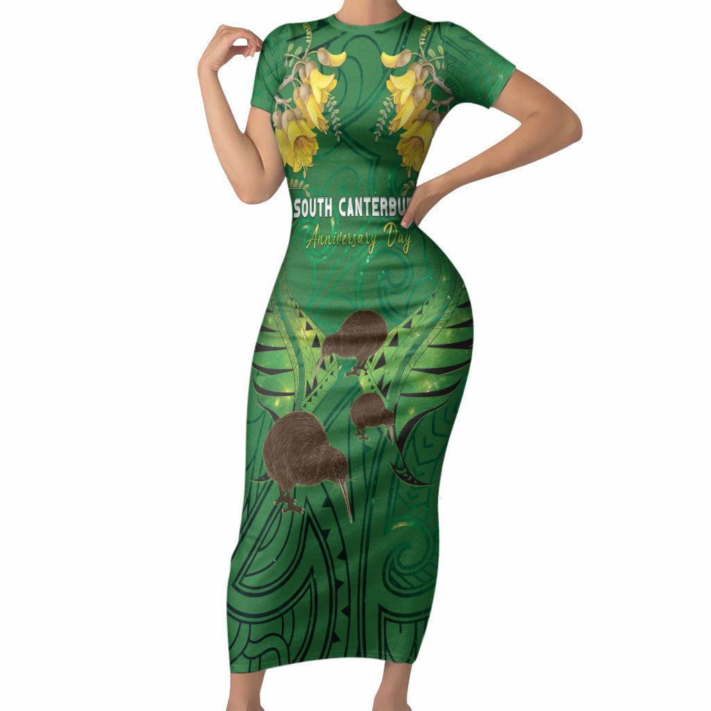 Personalised South Canterbury Anniversary Day Short Sleeve Bodycon Dress Kiwi Kowhai Silver Fern Maori Pattern LT22 Long Dress Green - Polynesian Pride