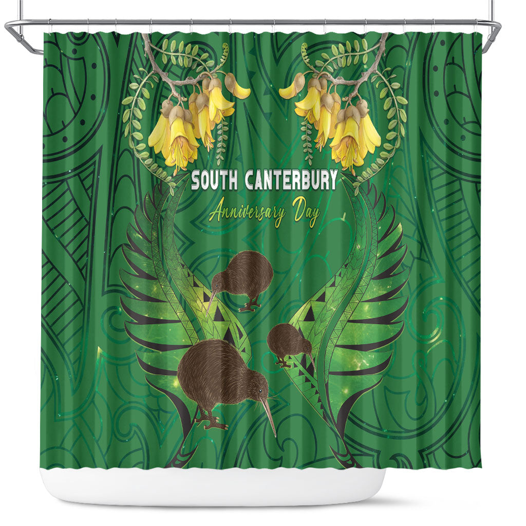 South Canterbury Anniversary Day Shower Curtain Kiwi Kowhai Silver Fern Maori Pattern LT22 Green - Polynesian Pride