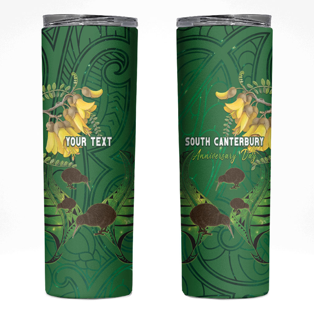 Personalised South Canterbury Anniversary Day Skinny Tumbler Kiwi Kowhai Silver Fern Maori Pattern LT22 Green - Polynesian Pride