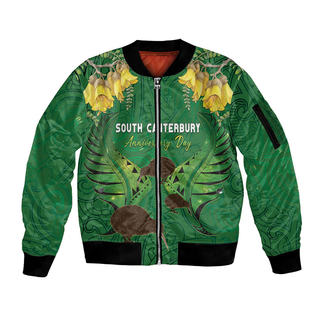 Personalised South Canterbury Anniversary Day Sleeve Zip Bomber Jacket Kiwi Kowhai Silver Fern Maori Pattern LT22 Unisex Green - Polynesian Pride
