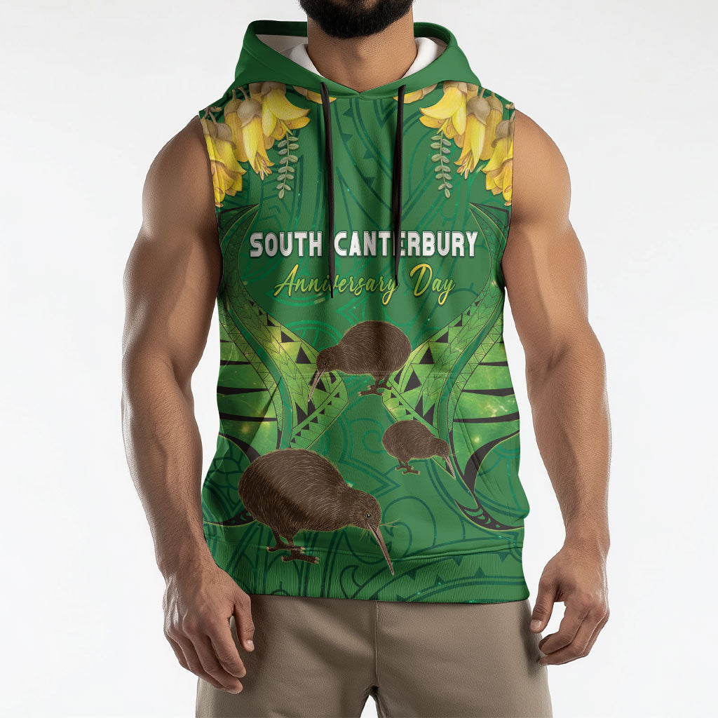 Personalised South Canterbury Anniversary Day Sleeveless Hoodie Kiwi Kowhai Silver Fern Maori Pattern LT22 - Polynesian Pride