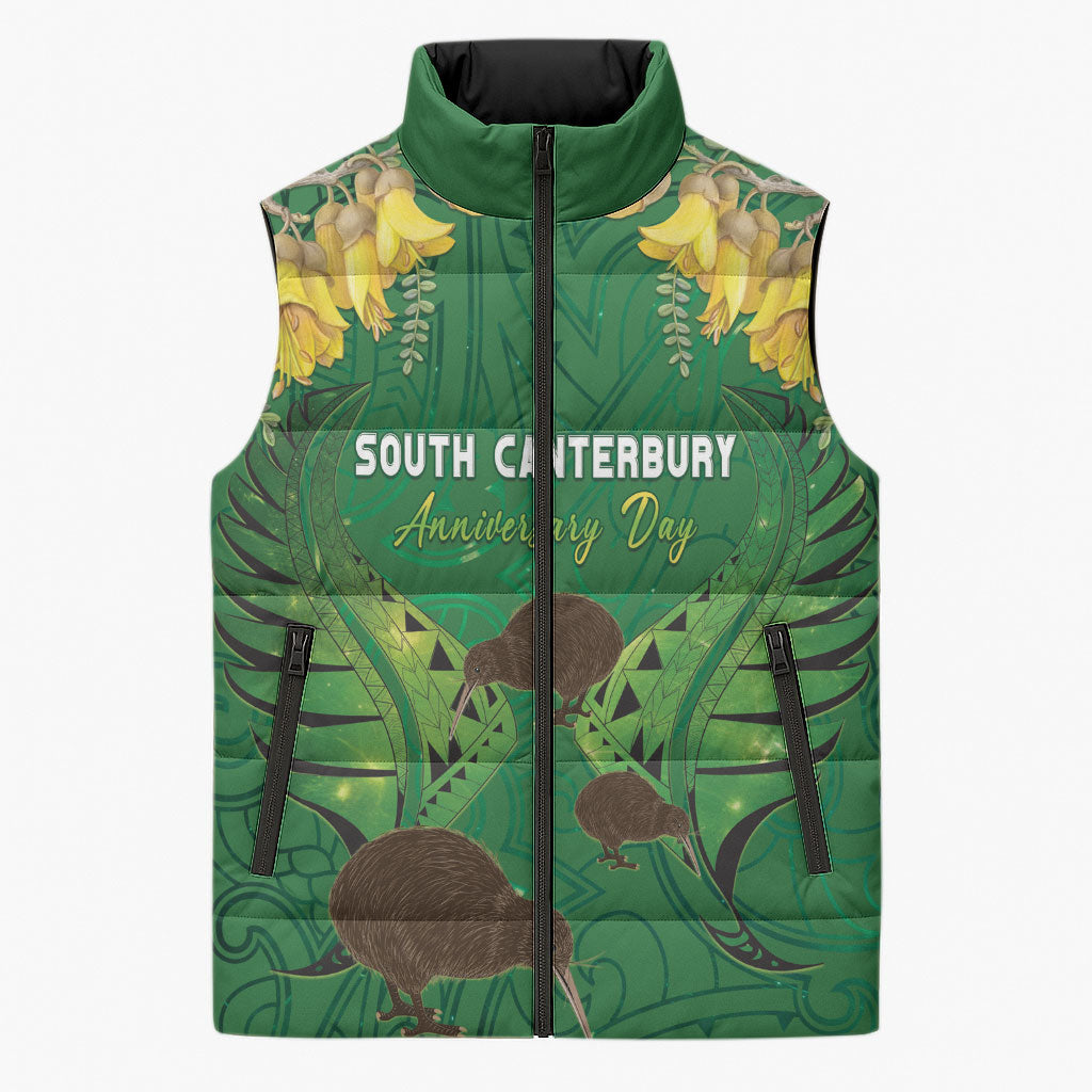 Personalised South Canterbury Anniversary Day Sleeveless Puffer Jacket Kiwi Kowhai Silver Fern Maori Pattern LT22 Unisex Green - Polynesian Pride