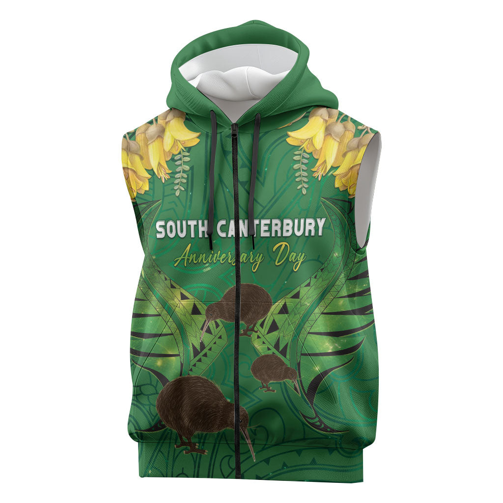 Personalised South Canterbury Anniversary Day Sleeveless Zip Hoodie Kiwi Kowhai Silver Fern Maori Pattern LT22 Green - Polynesian Pride