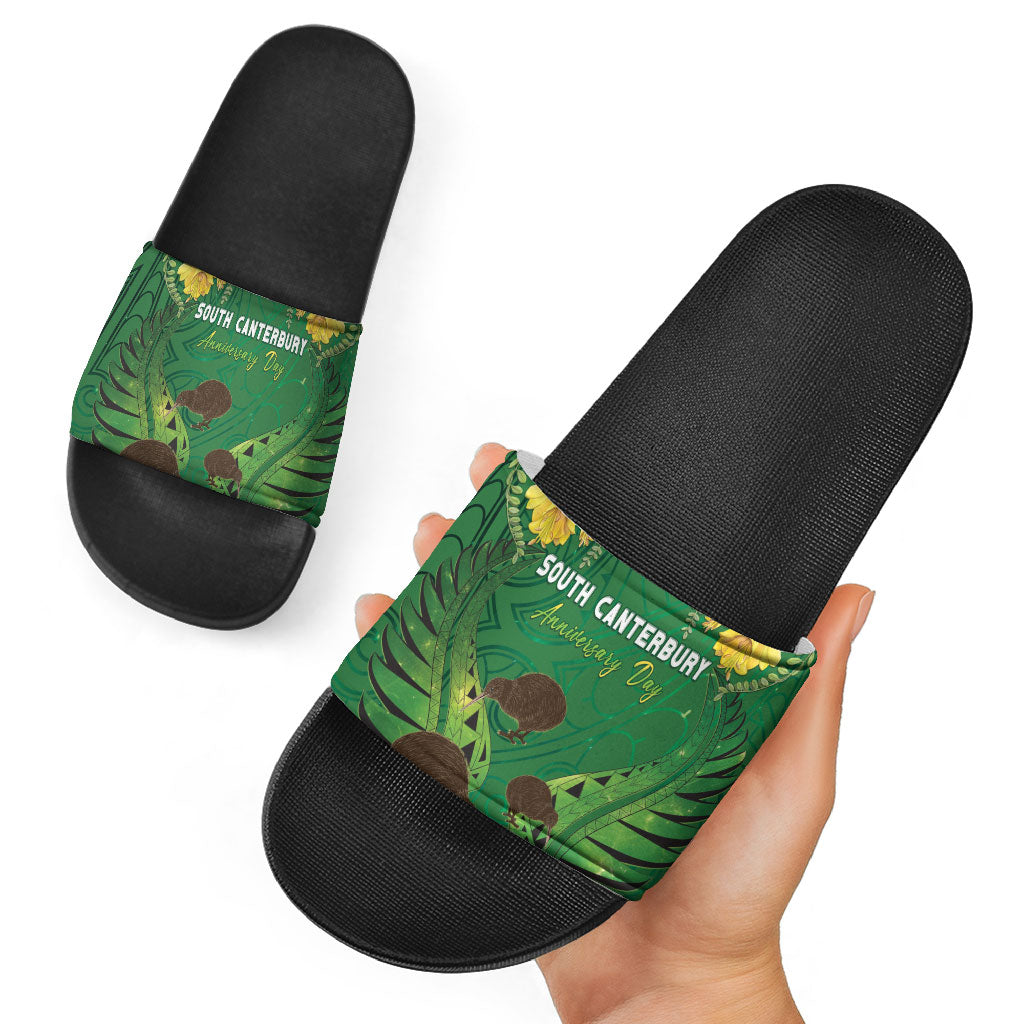 South Canterbury Anniversary Day Slide Sandals Kiwi Kowhai Silver Fern Maori Pattern LT22 - Polynesian Pride