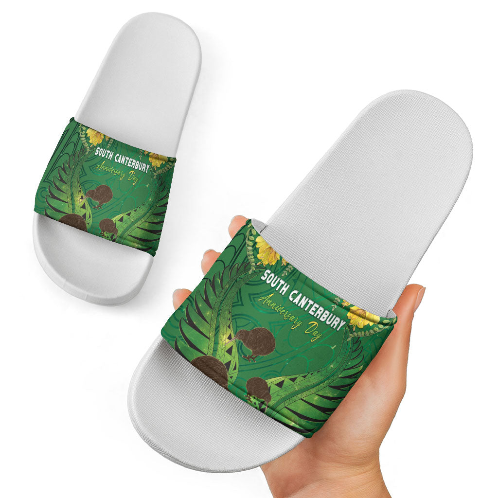 South Canterbury Anniversary Day Slide Sandals Kiwi Kowhai Silver Fern Maori Pattern LT22 - Polynesian Pride