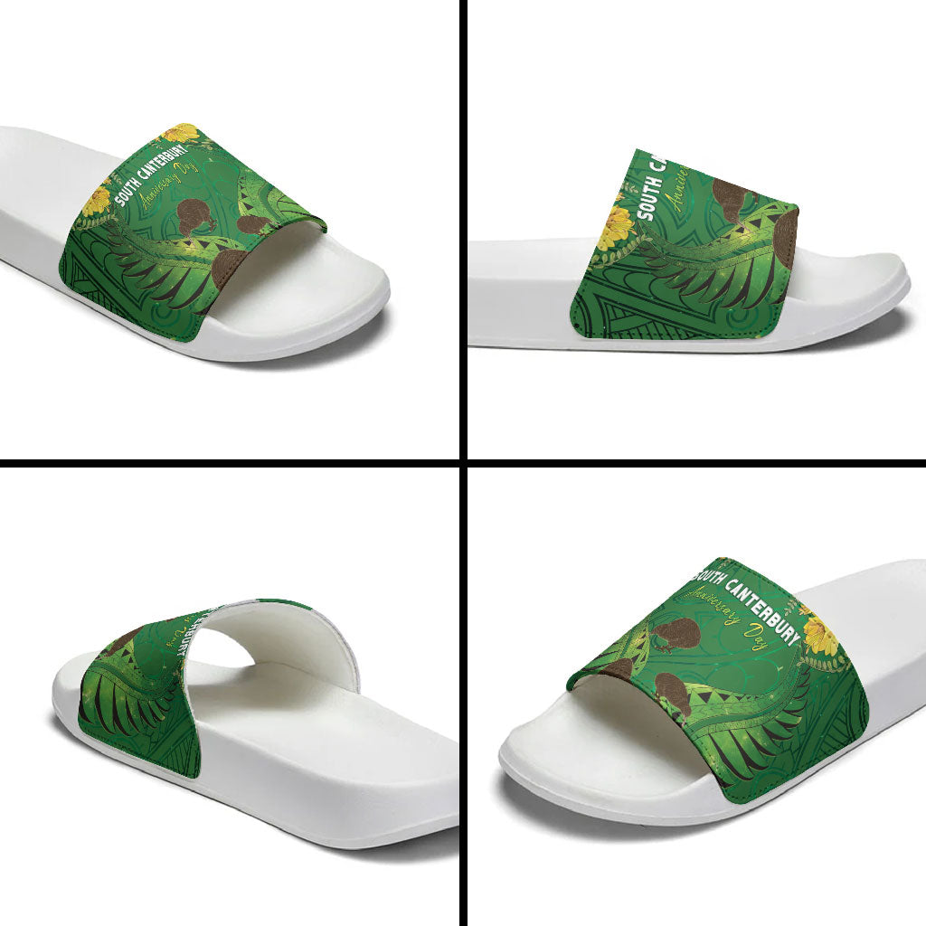 South Canterbury Anniversary Day Slide Sandals Kiwi Kowhai Silver Fern Maori Pattern LT22 - Polynesian Pride