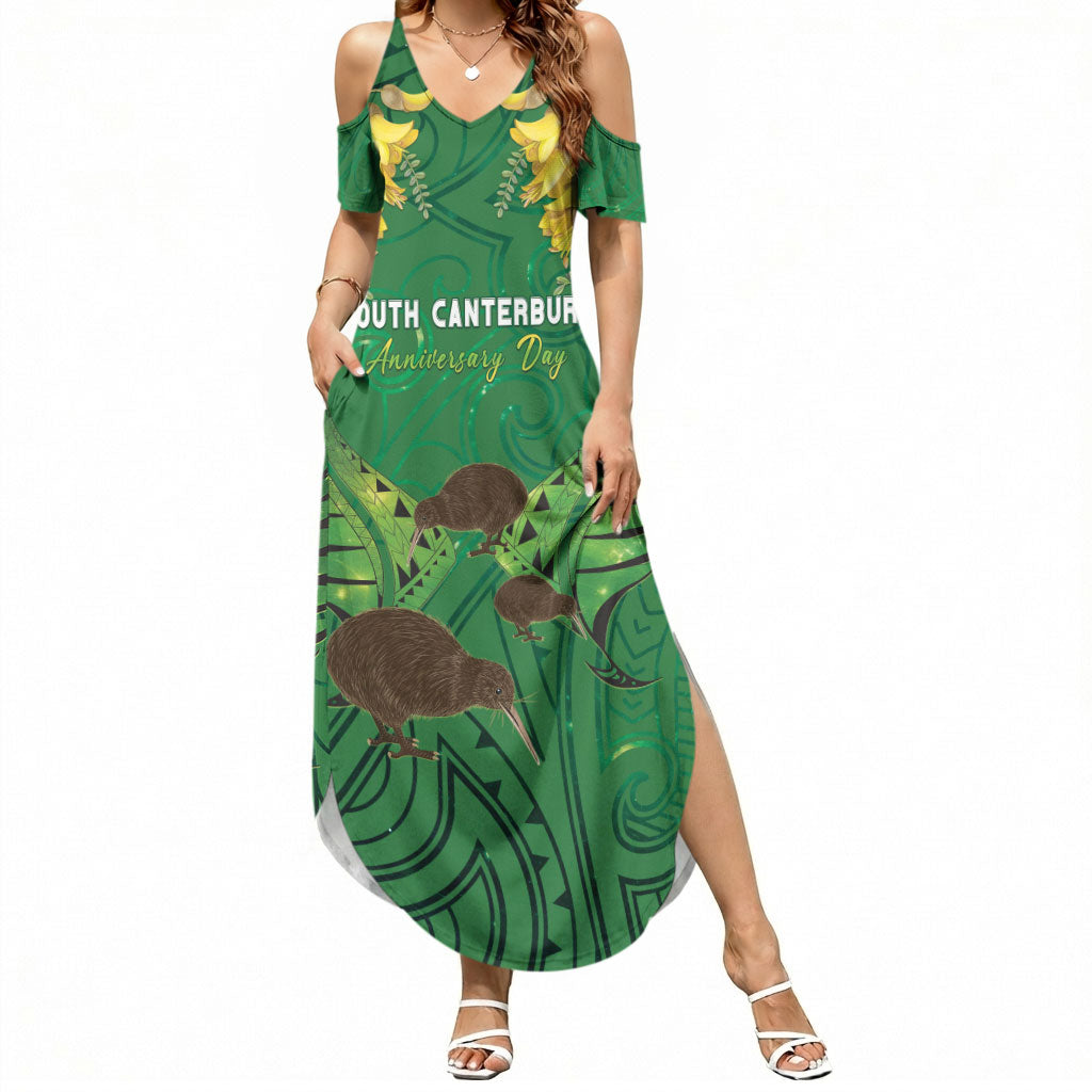 Personalised South Canterbury Anniversary Day Summer Maxi Dress Kiwi Kowhai Silver Fern Maori Pattern LT22 Women Green - Polynesian Pride