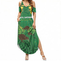 Personalised South Canterbury Anniversary Day Summer Maxi Dress Kiwi Kowhai Silver Fern Maori Pattern LT22 Women Green - Polynesian Pride