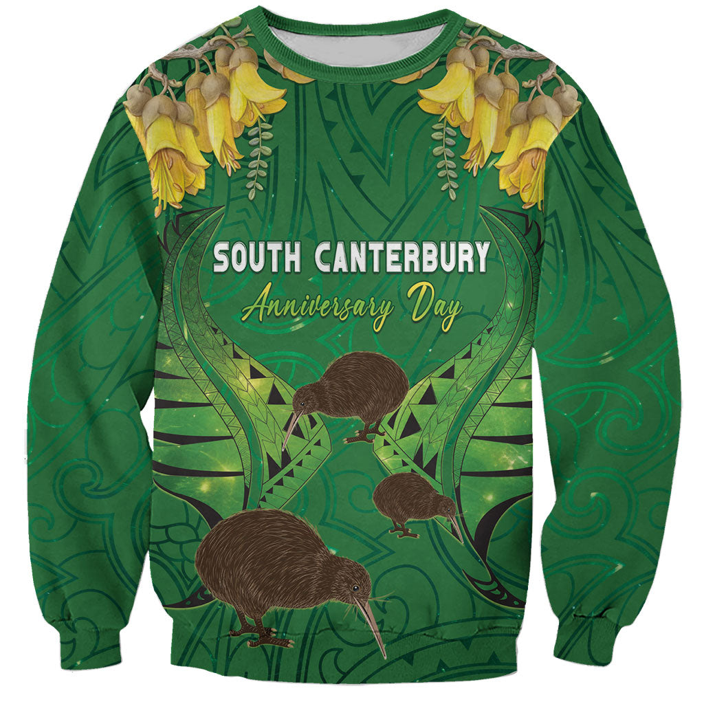 Personalised South Canterbury Anniversary Day Sweatshirt Kiwi Kowhai Silver Fern Maori Pattern LT22 Unisex Green - Polynesian Pride