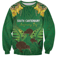 Personalised South Canterbury Anniversary Day Sweatshirt Kiwi Kowhai Silver Fern Maori Pattern LT22 Unisex Green - Polynesian Pride