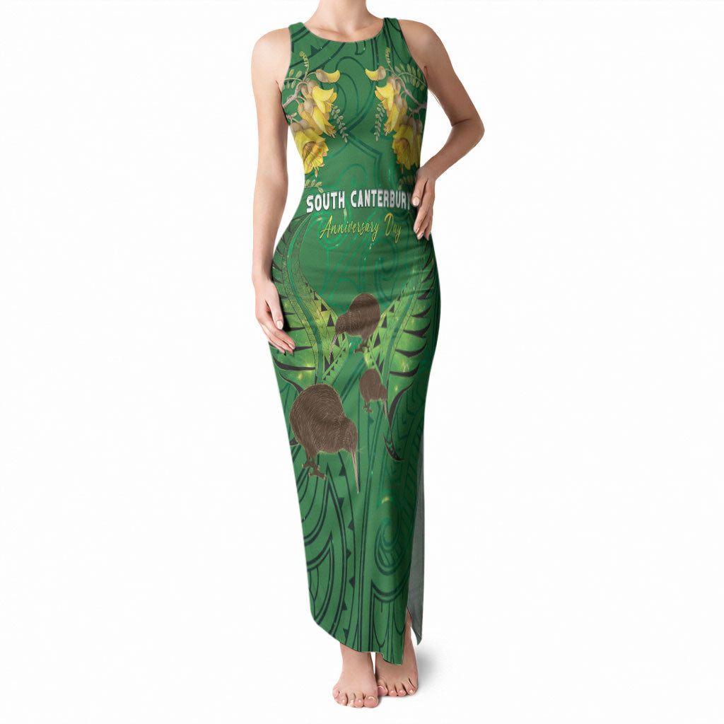 Personalised South Canterbury Anniversary Day Tank Maxi Dress Kiwi Kowhai Silver Fern Maori Pattern LT22 Women Green - Polynesian Pride
