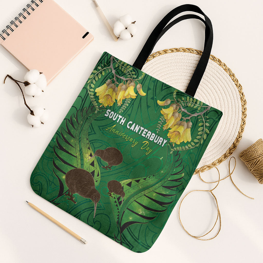 South Canterbury Anniversary Day Tote Bag Kiwi Kowhai Silver Fern Maori Pattern LT22 Black Strap One Size Green - Polynesian Pride