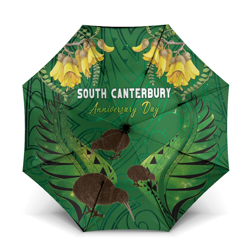 South Canterbury Anniversary Day Umbrella Kiwi Kowhai Silver Fern Maori Pattern LT22 One Size Folded 11.42 inch Opened Diameter 37.4 inch Green - Polynesian Pride